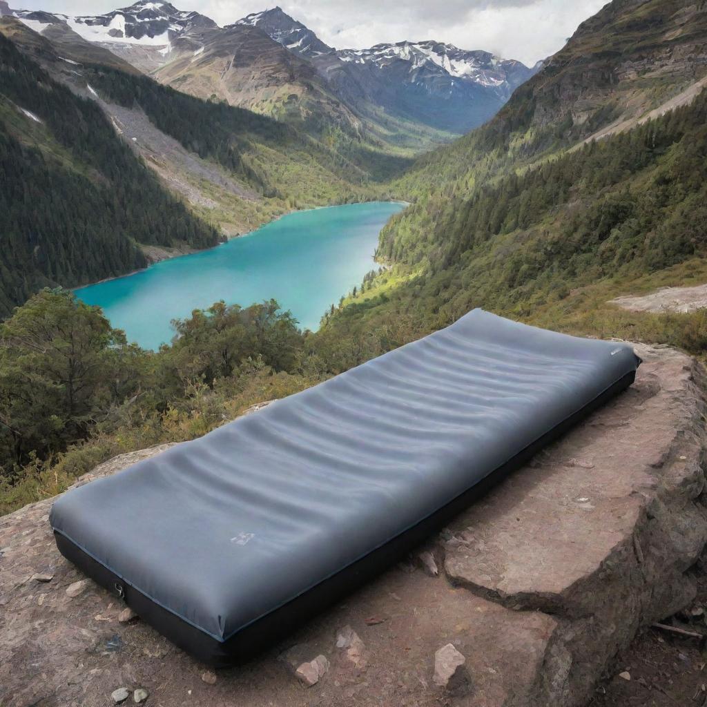 Relocate the grey and black foam sleeping pad to a camp setting representative of Latin American landscapes, featuring rich biodiversity and vibrant colors.