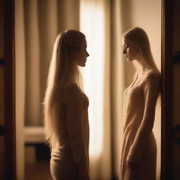 A tall girl with long blonde hair standing in front of a mirror