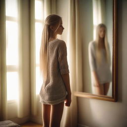 A tall girl with long blonde hair standing in front of a mirror