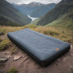 Relocate the grey and black foam sleeping pad to a camp setting representative of Latin American landscapes, featuring rich biodiversity and vibrant colors.