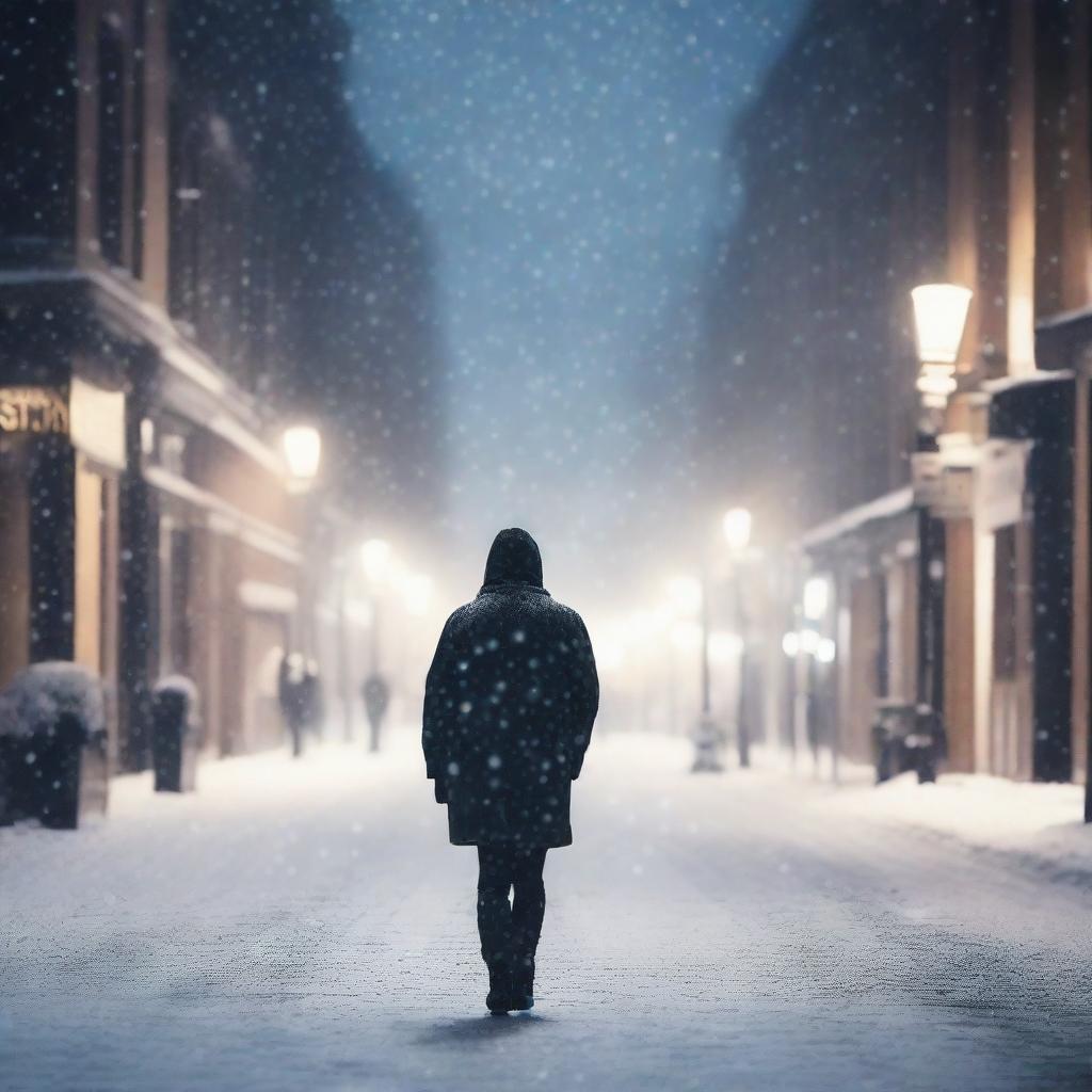 A person walking alone on a busy street with snowflakes falling all around