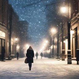 A person walking alone on a busy street with snowflakes falling all around