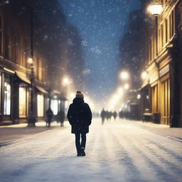 A person walking alone on a busy street with snowflakes falling all around