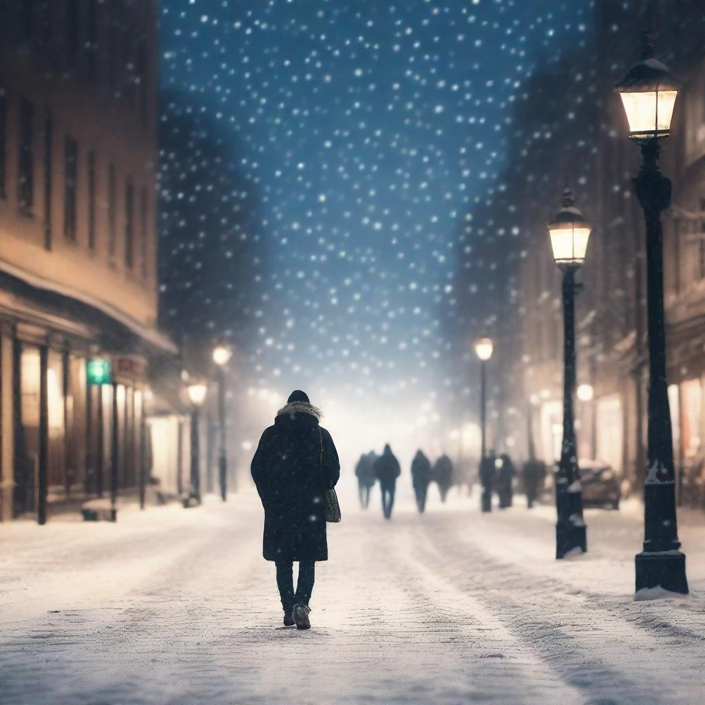 A person walking alone on a busy street with snowflakes falling all around