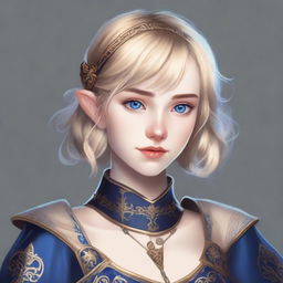 A realistic portrait of a beautiful 19-year-old human female bard with a blonde bob hairstyle, loose with bangs, and striking blue eyes