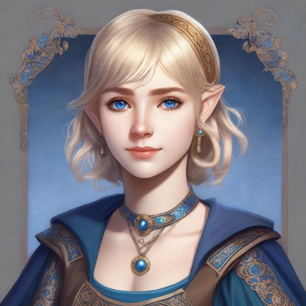 A realistic portrait of a beautiful 19-year-old human female bard with a blonde bob hairstyle, loose with bangs, and striking blue eyes