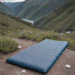 Relocate the grey and black foam sleeping pad to a camp setting representative of Latin American landscapes, featuring rich biodiversity and vibrant colors.