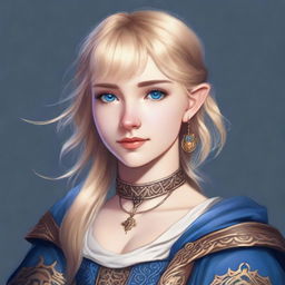 A realistic portrait of a beautiful 19-year-old human female bard with a blonde bob hairstyle, loose with bangs, and striking blue eyes