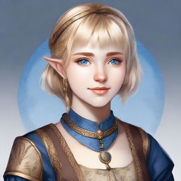 A realistic portrait of a beautiful 19-year-old human female bard with a blonde bob hairstyle, loose with bangs, and striking blue eyes