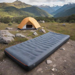 Relocate the grey and black foam sleeping pad to a camp setting representative of Latin American landscapes, featuring rich biodiversity and vibrant colors.