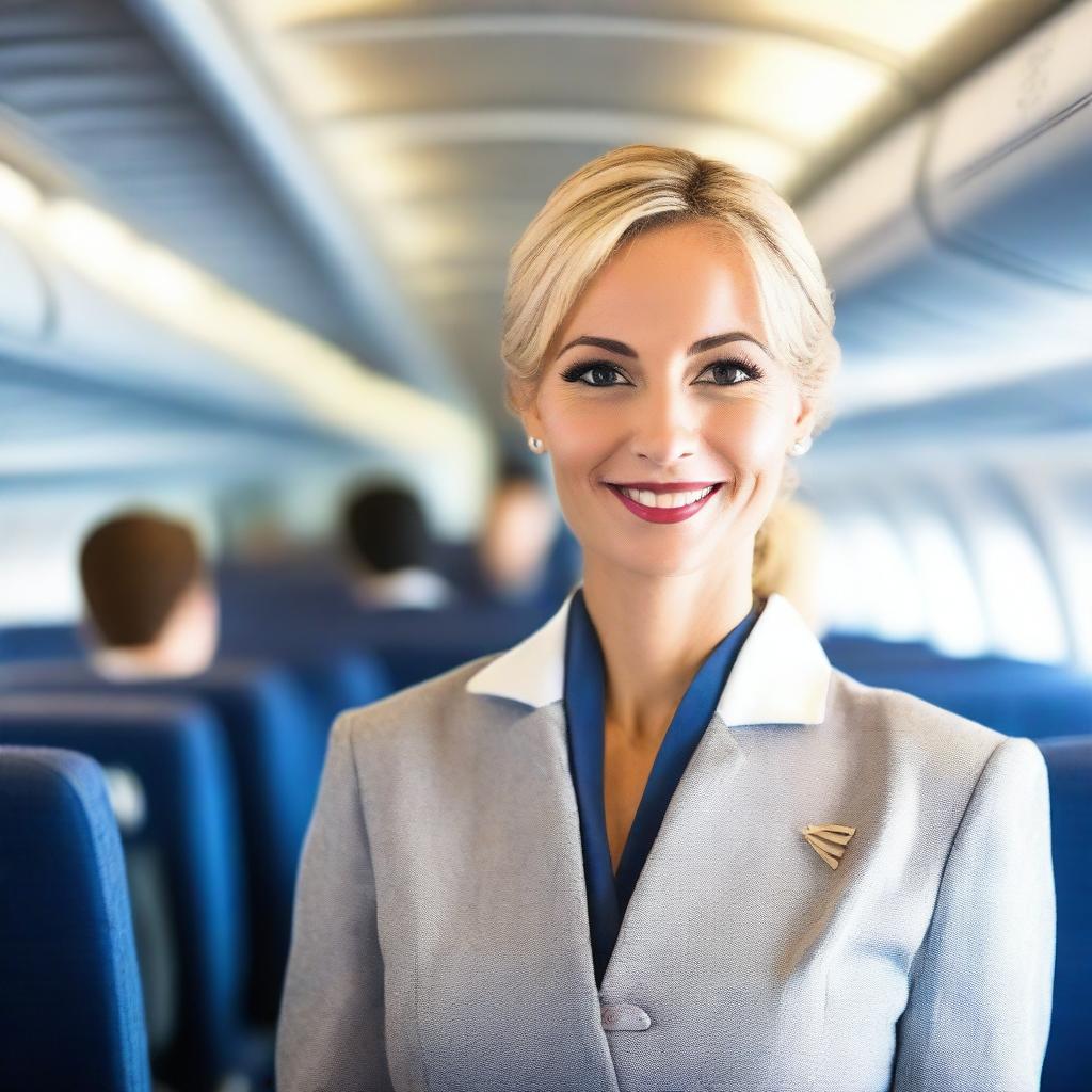 A stylish and attractive flight attendant in a modern airline uniform, standing in an airplane aisle with a confident and friendly expression