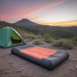 Position the grey and black foam sleeping pad in an El Salvador inspired camping scene, complete with a stunning sunset casting beautiful colors onto the landscape.