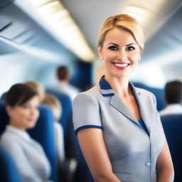 A stylish and attractive flight attendant in a modern airline uniform, standing in an airplane aisle with a confident and friendly expression