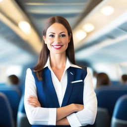 A stylish and attractive flight attendant in a modern airline uniform, standing in an airplane aisle with a confident and friendly expression