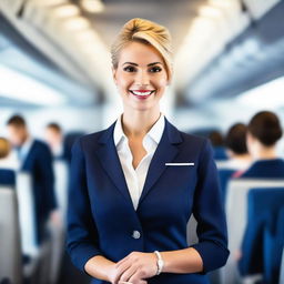 A stylish and attractive flight attendant in a modern airline uniform, standing in an airplane aisle with a confident and friendly expression