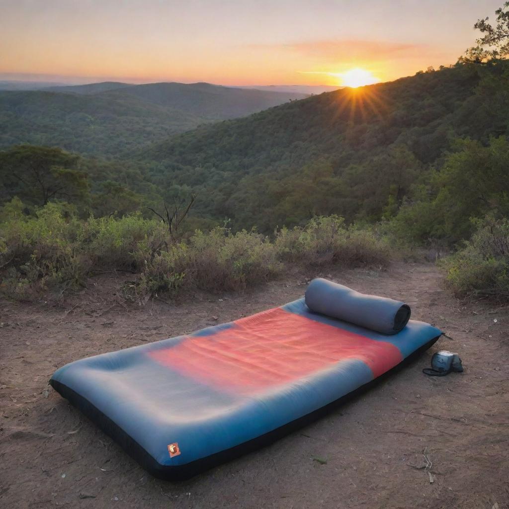 Position the grey and black foam sleeping pad in an El Salvador inspired camping scene, complete with a stunning sunset casting beautiful colors onto the landscape.