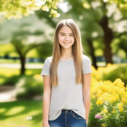 A cute teen girl with a friendly smile, wearing casual clothes, standing in a cheerful outdoor setting