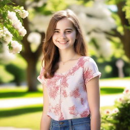 A cute teen girl with a friendly smile, wearing casual clothes, standing in a cheerful outdoor setting