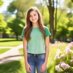 A cute teen girl with a friendly smile, wearing casual clothes, standing in a cheerful outdoor setting