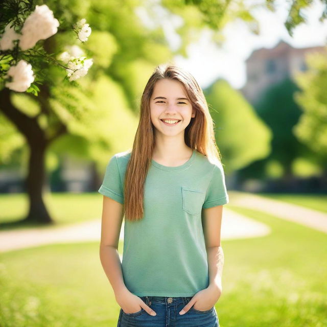 A cute teen girl with a friendly smile, wearing casual clothes, standing in a cheerful outdoor setting