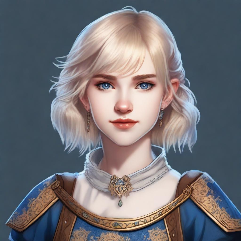 A realistic portrait of a 19-year-old human female bard with a blonde bob hairstyle, loose with bangs, and striking blue eyes