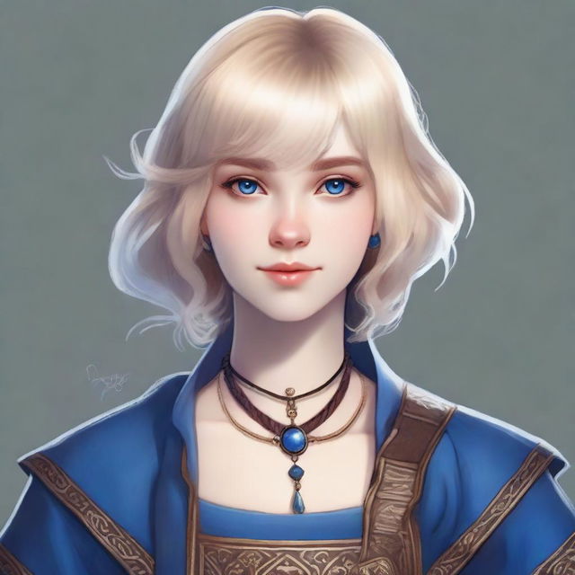 A realistic portrait of a 19-year-old human female bard with a blonde bob hairstyle, loose with bangs, and striking blue eyes