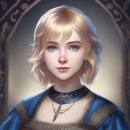 A realistic portrait of a 19-year-old human female bard with a blonde bob hairstyle, loose with bangs, and striking blue eyes