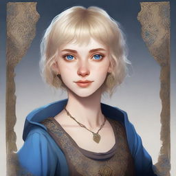 A realistic portrait of a 19-year-old human female bard with a blonde bob hairstyle, loose with bangs, and striking blue eyes