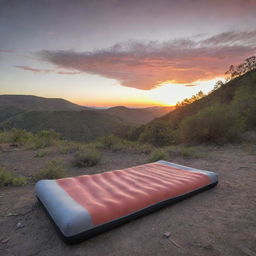 Position the grey and black foam sleeping pad in an El Salvador inspired camping scene, complete with a stunning sunset casting beautiful colors onto the landscape.