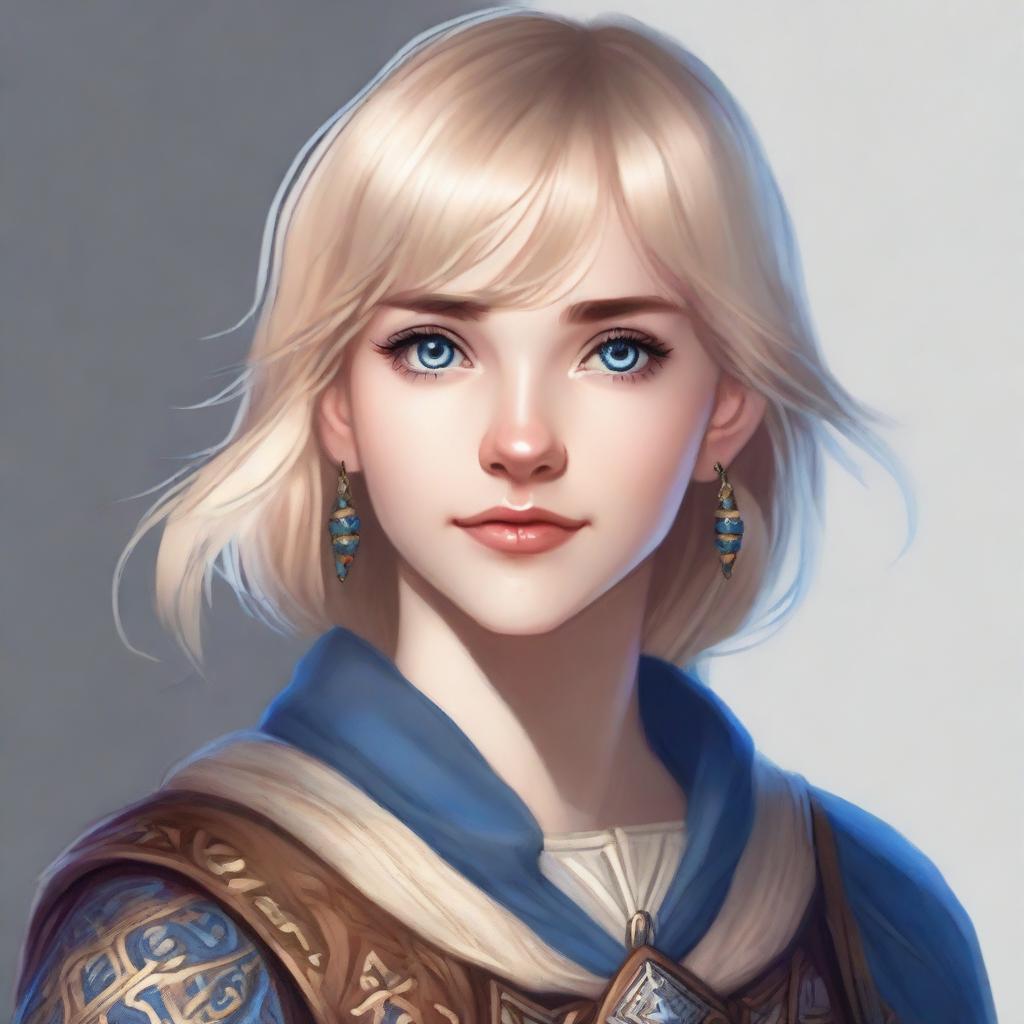 A realistic portrait of a 19-year-old human female bard with straight blonde bob loose style haircut with bangs and big blue eyes