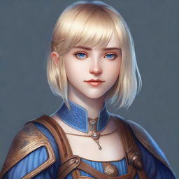 A realistic portrait of a 19-year-old human female bard with straight blonde bob loose style haircut with bangs and big blue eyes