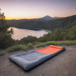 Position the grey and black foam sleeping pad in an El Salvador inspired camping scene, complete with a stunning sunset casting beautiful colors onto the landscape.