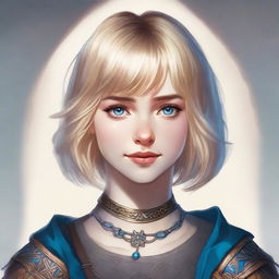 A realistic portrait of a 19-year-old human female bard with straight blonde bob loose style haircut with bangs and big blue eyes