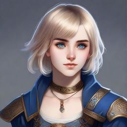 A realistic portrait of a 19-year-old human female bard with straight blonde bob loose style haircut with bangs and big blue eyes