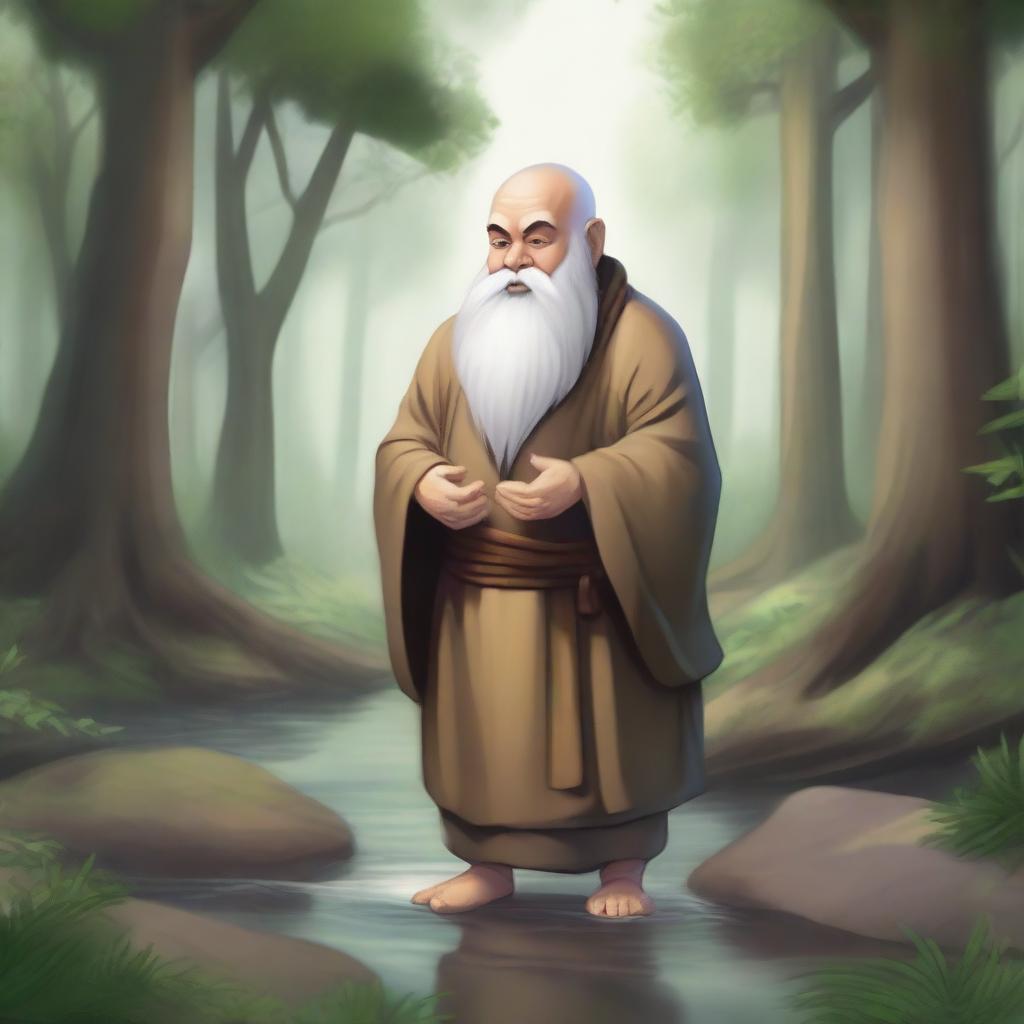 A detailed illustration of a deep gnome monk, dressed in traditional monk robes, standing in a serene forest clearing