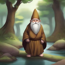 A detailed illustration of a deep gnome monk, dressed in traditional monk robes, standing in a serene forest clearing