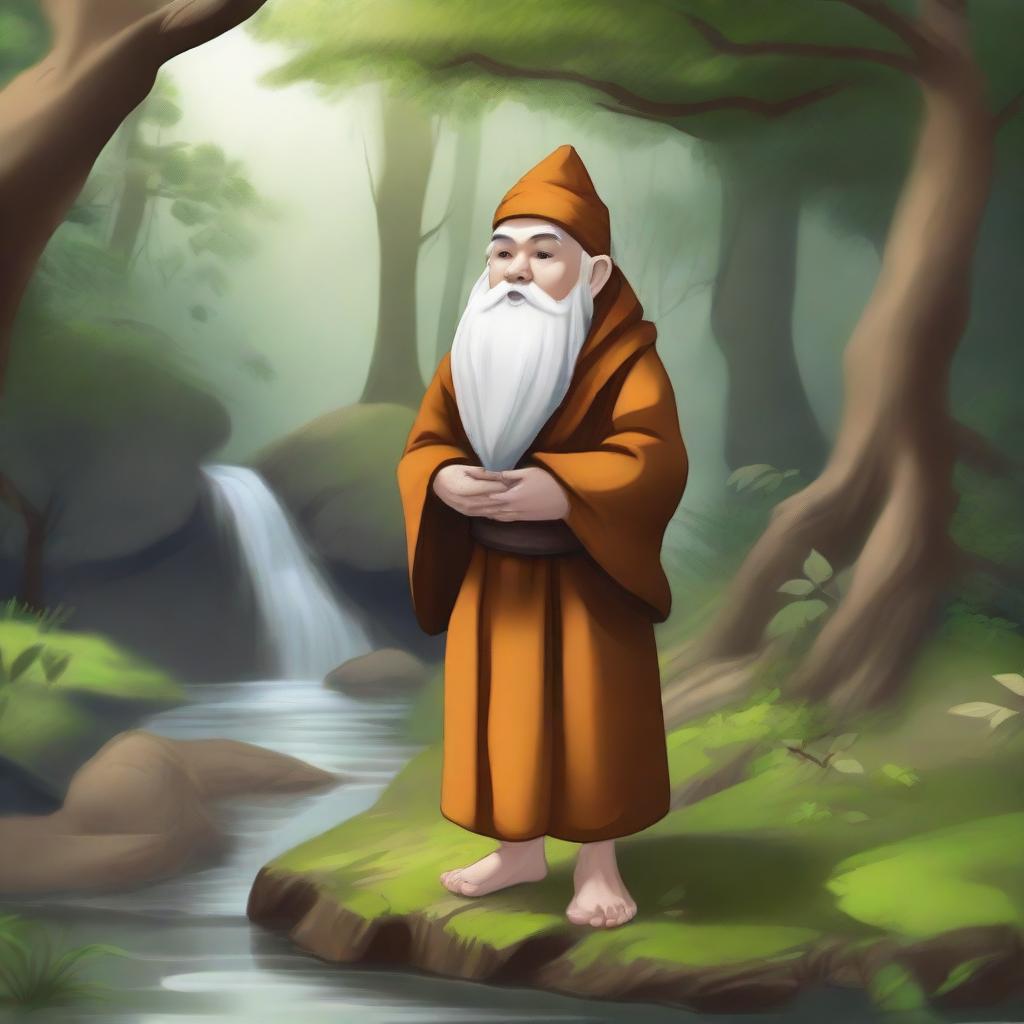 A detailed illustration of a deep gnome monk, dressed in traditional monk robes, standing in a serene forest clearing