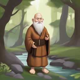 A detailed illustration of a deep gnome monk, dressed in traditional monk robes, standing in a serene forest clearing