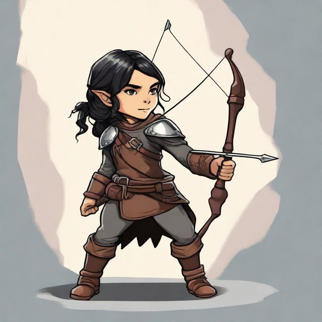 A female Halfling DnD character, rogue class, carrying a bow and arrow