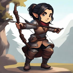 A female Halfling DnD character, rogue class, carrying a bow and arrow