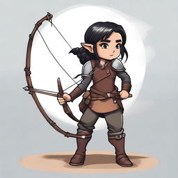 A female Halfling DnD character, rogue class, carrying a bow and arrow