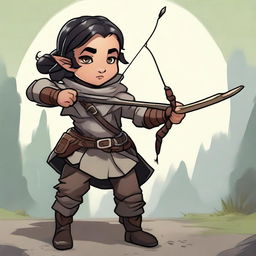 A female Halfling DnD character, rogue class, carrying a bow and arrow