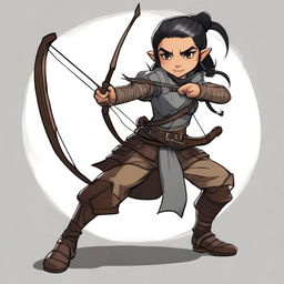 A female Halfling DnD character, rogue class, carrying a bow and arrow