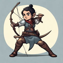 A female Halfling DnD character, rogue class, carrying a bow and arrow