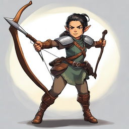 A female Halfling DnD character, rogue class, carrying a bow and arrow