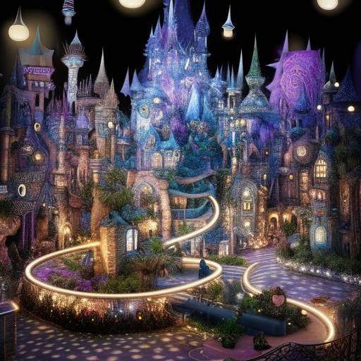 A fantastical magic mall filled with luminous, spiraling escalators, shops selling mystical artifacts, dazzling light displays, enchanted creatures wandering around, and an enchanted fountain in the center.