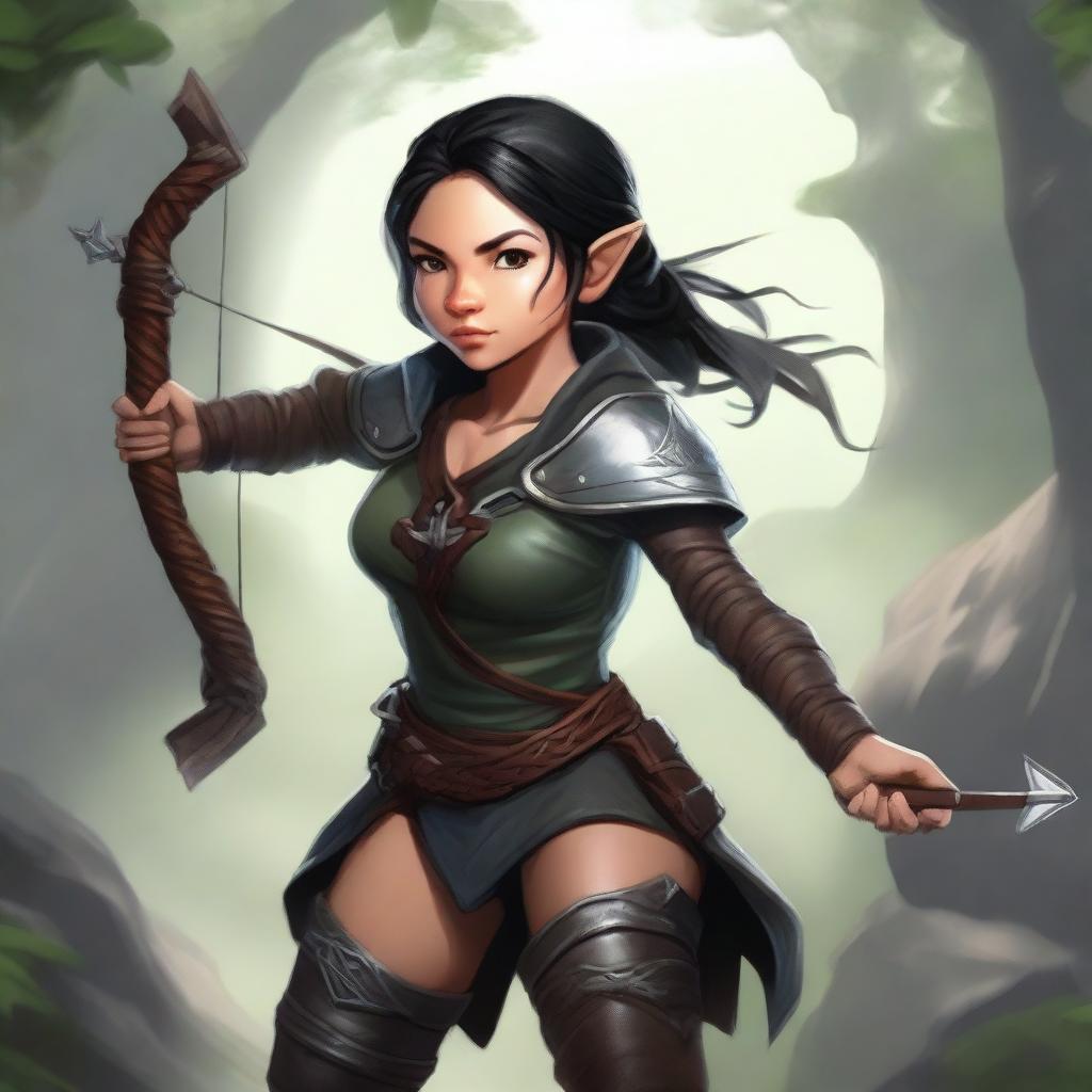 A realistic depiction of a female Halfling DnD character, rogue class, carrying a bow and arrow