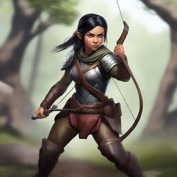 A realistic depiction of a female Halfling DnD character, rogue class, carrying a bow and arrow