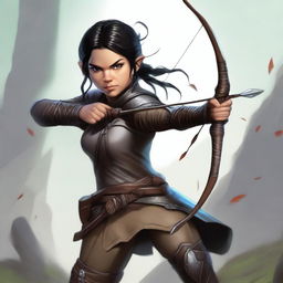 A realistic depiction of a female Halfling DnD character, rogue class, carrying a bow and arrow