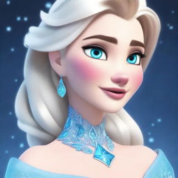 Create a detailed image of Elsa from Frozen, maintaining her iconic look and style, but with exaggerated features including very large breasts